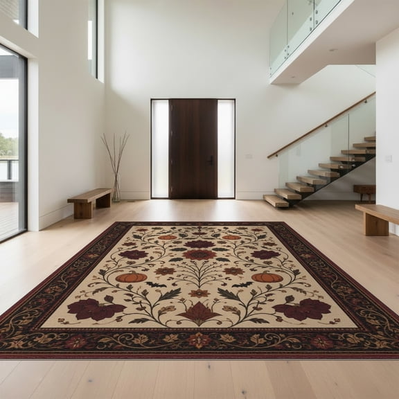 Design&I 8'x10' Washable Area Rug Beige Autumnal Burgundy Floral Pumpkin Design Elegant Vintage Style for King Size Bedroom, Under Bed, Sleek Flatweave Pet Friendly