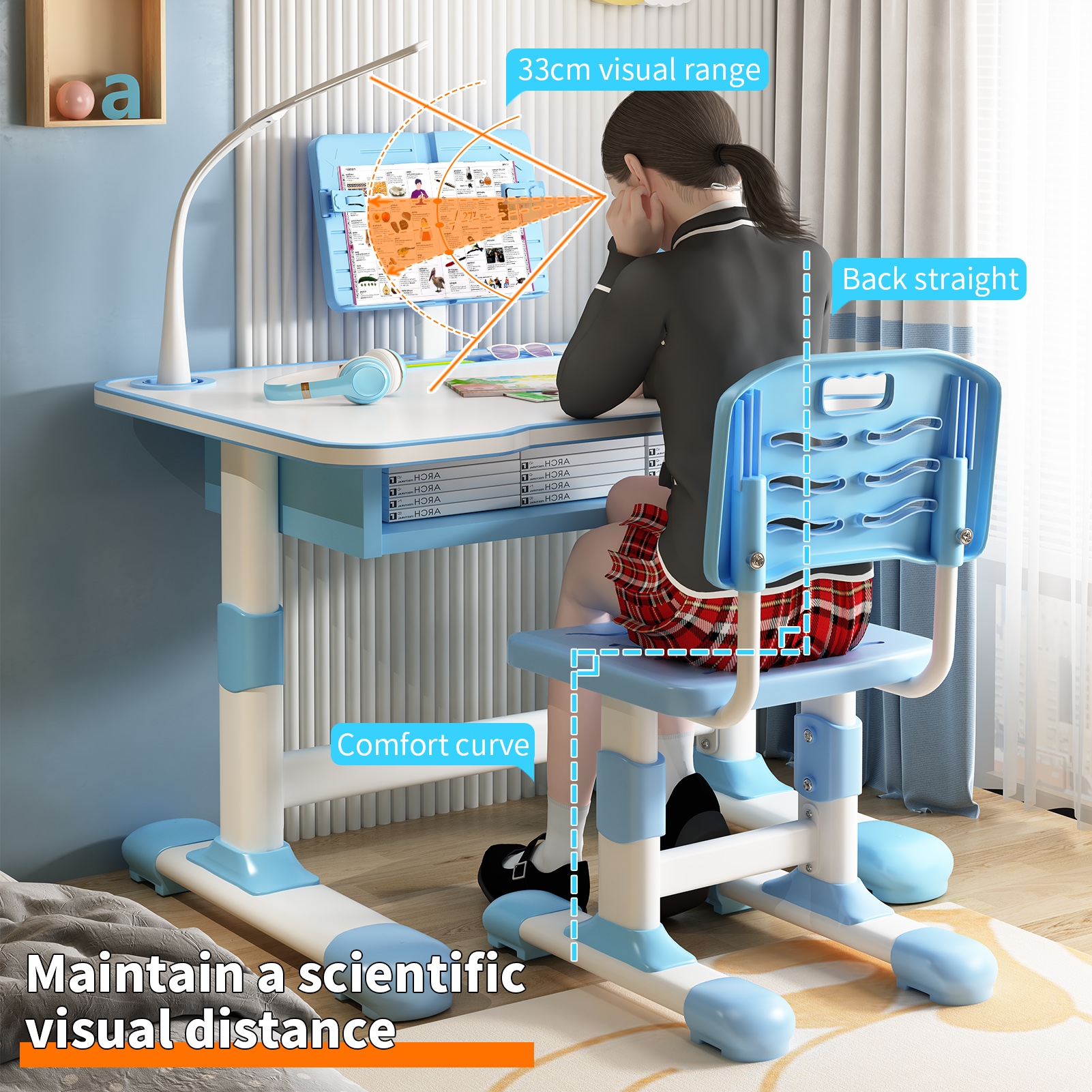 AQMD Kids Study Desk Chair Set, Height Adjustable Toddlers Writing Table with Tiltable Reading Stand, Living Room Bedroom Children Learning Table with Extra Large Drawer,Blue