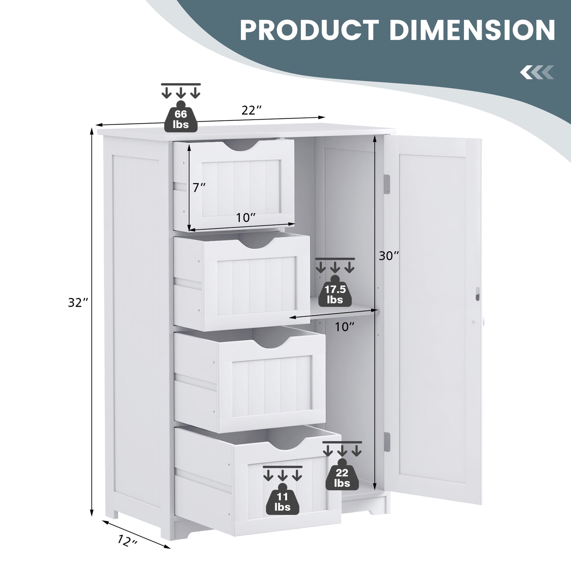 Costway Bathroom Storage Wooden 4 Drawer Cabinet Cupboard 2 Shelves Free Standing White  (图3)