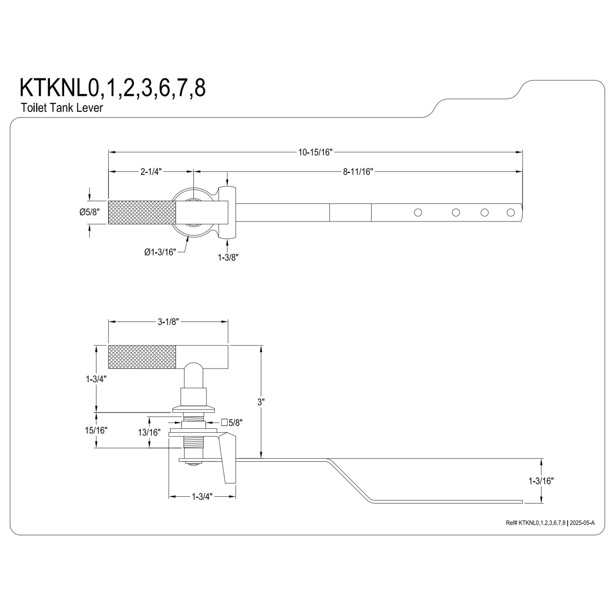 Kingston Brass KTKNL6 Convergent Front Mount Toilet Tank Lever with Knurled Handle in Polished Nickel