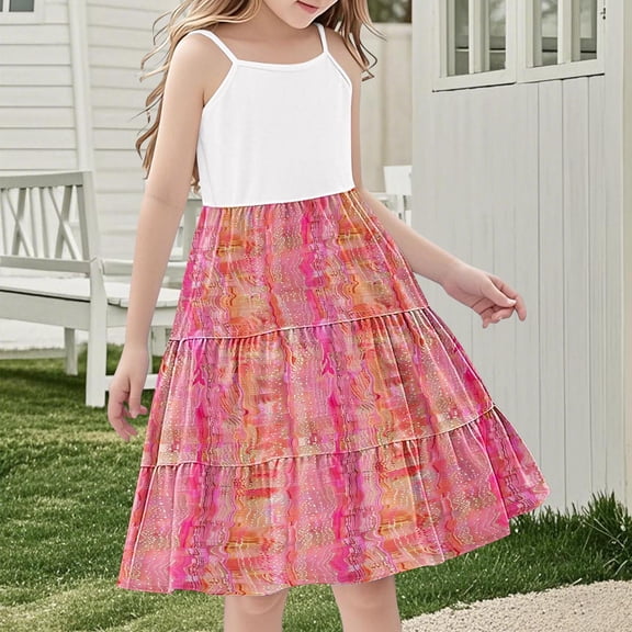 Nmnitkp Girl Dresses High-Quality Fabric Dresses for Girls Ruffle Sleeve Tiered Swing A-Line Cute Midi Casual Sundress Pink,5 Years