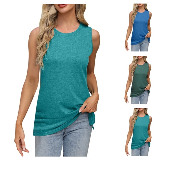 Bixock Women's Summer Tank Tops Casual Sleeveless Shirts Blouse for Women Solid Color Round Neck Tank Top Side Slit Casual Loose Lightweight Soft Fabric Shirts