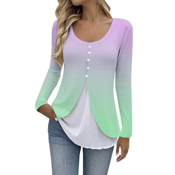 SMihono Women's Plus Size Fake-Two Piece Shirts Dressy Split Front Loose Blouses Long Sleeve Trendy Casual Gradient Tunic Tops Purple XXL