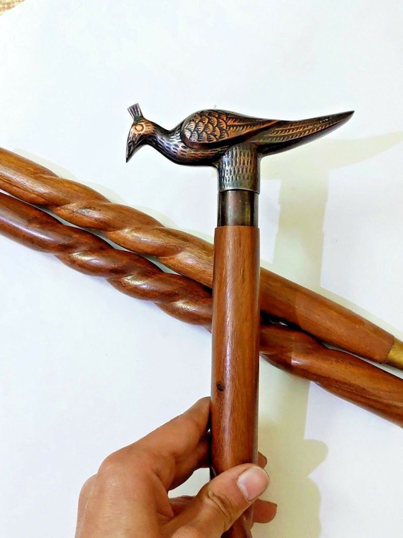 Designer Style Vintage Walking Cane Shaft Woodem Spiral Craved For Brass Handle