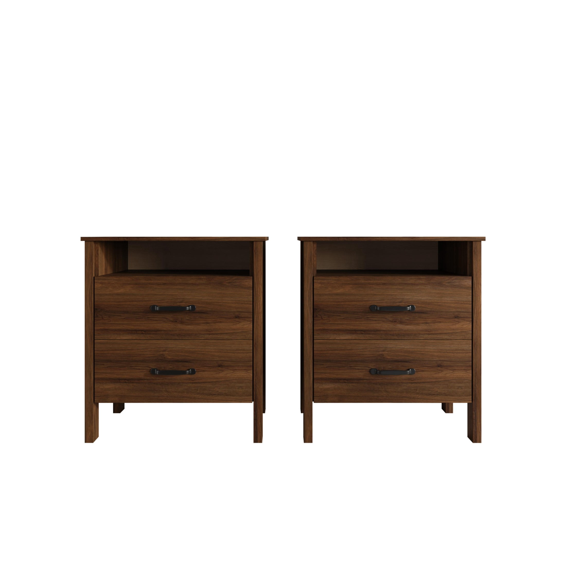 Home Design Alamosa Nightstand with Two Drawers and Open Shelf, Space-Saving Design, Brown (Set of 2)
