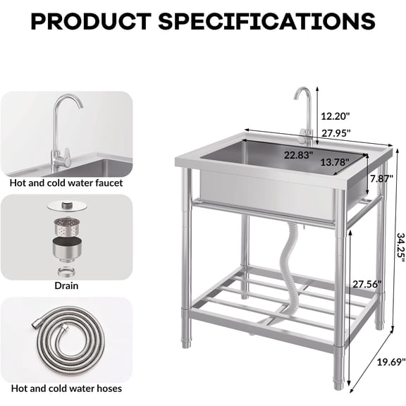 Acekid Stainless Steel Free-Standing Utility Sink Single Bowl Freestanding Laundry Sink with Faucet Drainboard Storage Hot Cold Water Plumbing for Restaurant Workshop