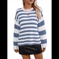 thumbnail image 2 of Suéter de Rayas para Mujer, Jersey de Cuello Redondo, Tejido de Punto Acanalado de Larga, Moderno, Informal, Suave. Azul S, 2 of 8
