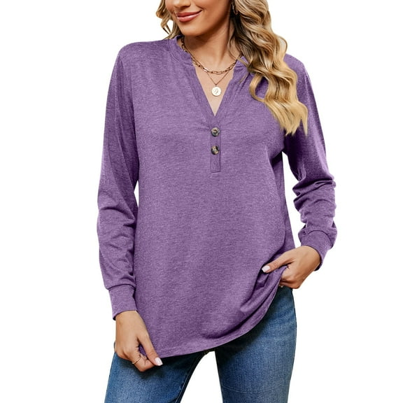 MOMOFEEL Womens Long Sleeve Shirts Casual V Neck Tunic Tops Loose Pullover Blouses For Spring or Summer (M9006 Purple L)