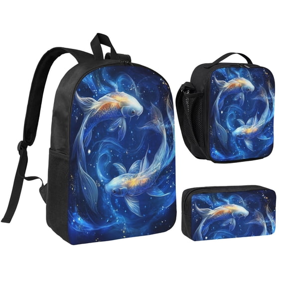 FishPattern Backpack 17 Inch Set with Lunch Bag and CaseDurableTravel Bag Combo for Work Commuting Daily Use