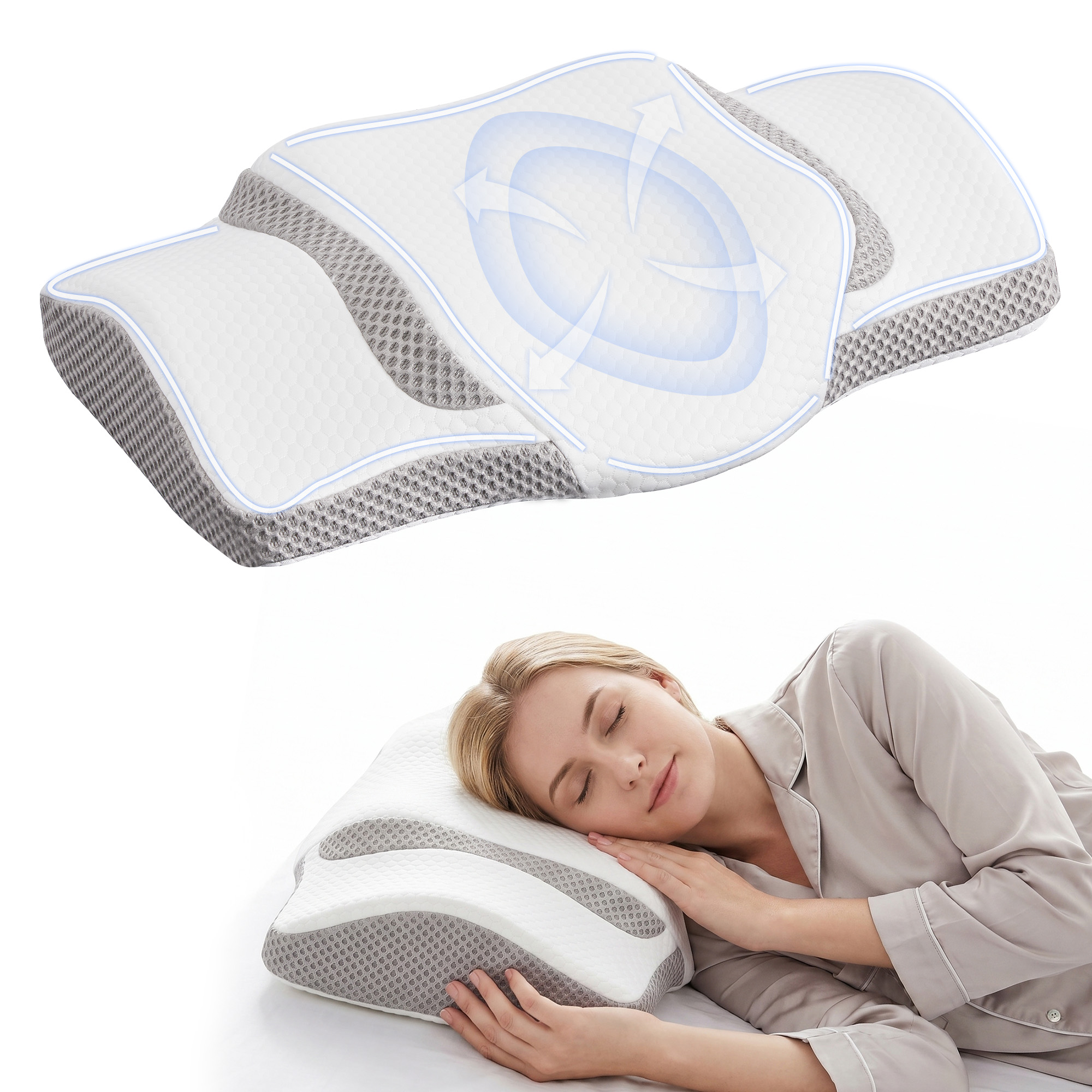 EDX King Size Square Cervical Pillows Memory Foam Double-Sided Pillow for Neck Pain Relief- Removable Cover,White and Gray