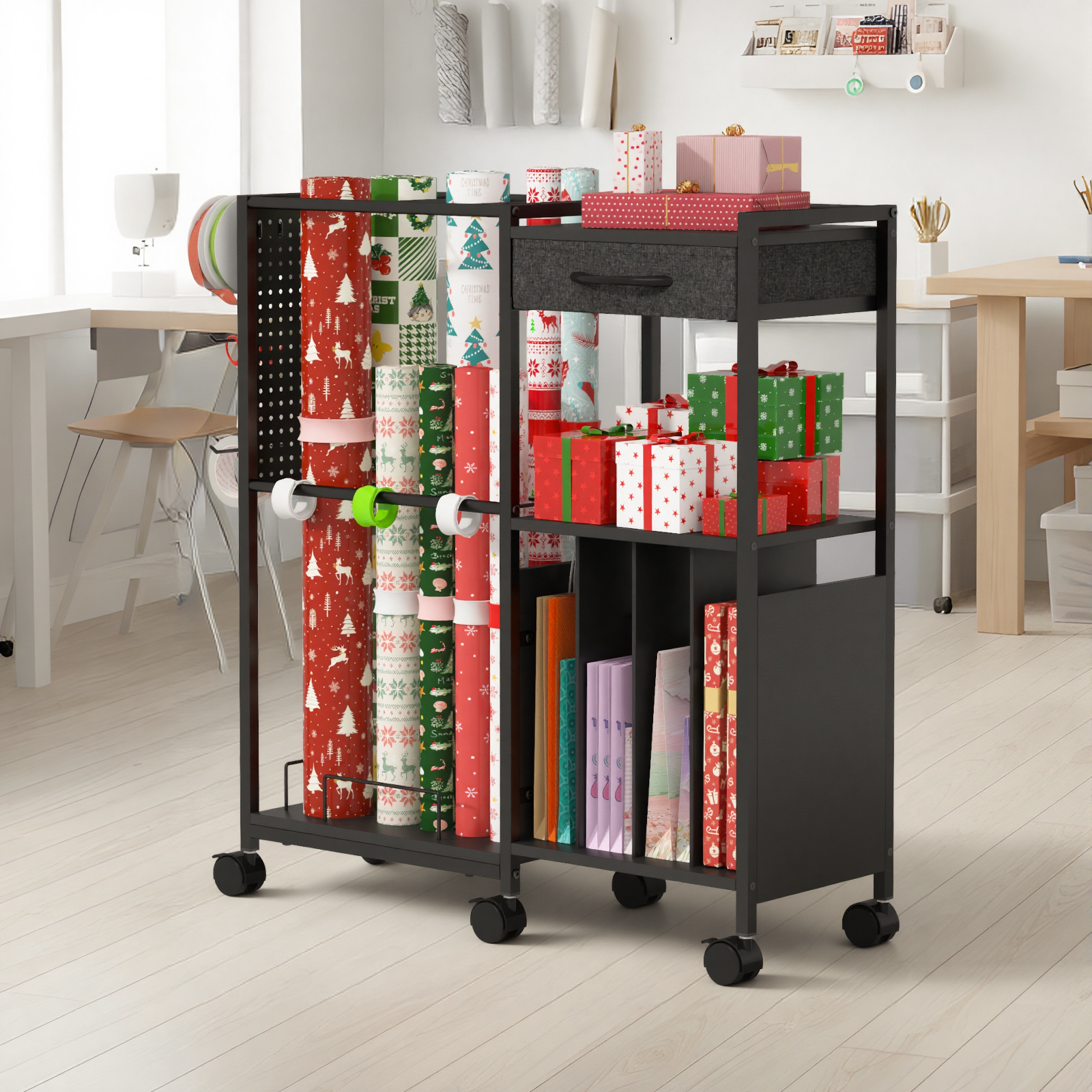Advwin Gift Wrapping Paper Storage Cart with Drawer, Rolling Gift Wrap Station with Ribbon & Gift Bage Storage, Multi-purpose Craft Organizer Rack for Home, Office, School or Gift Shop, Black