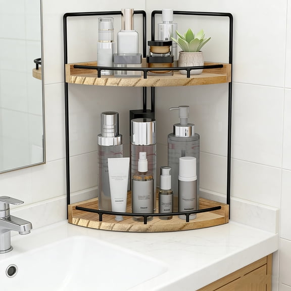 RYLZX 2-Tier Bathroom Counter Organizer,Vanity Counter Corner Shelf, Skincare, Wood Countertop Bathroom Storage and Organization for Kitchen (Brown)