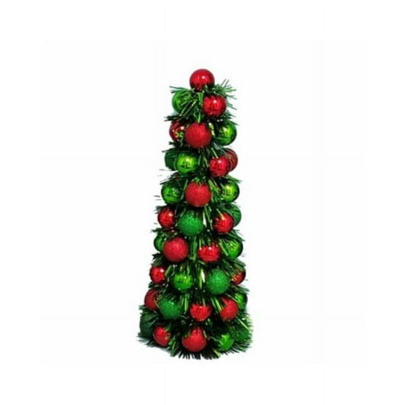 Youngcraft Tinsel Tree Glitter Ball Cone Tree - Shatterproof Tabletop Decor - 17 in, Red Green