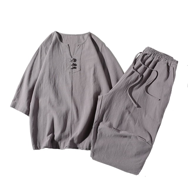 Two Piece Pants Sets Mens Two Piece Solid Cotton Linen 3/4 Sleeve V Neck Tops and Shorts Set