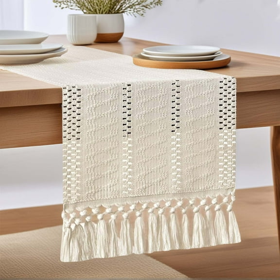 Lnrkai Boho Table Runner, 72" Long Farmhouse Dining Table Decor with Fringe, Rustic Home Decor, Beige