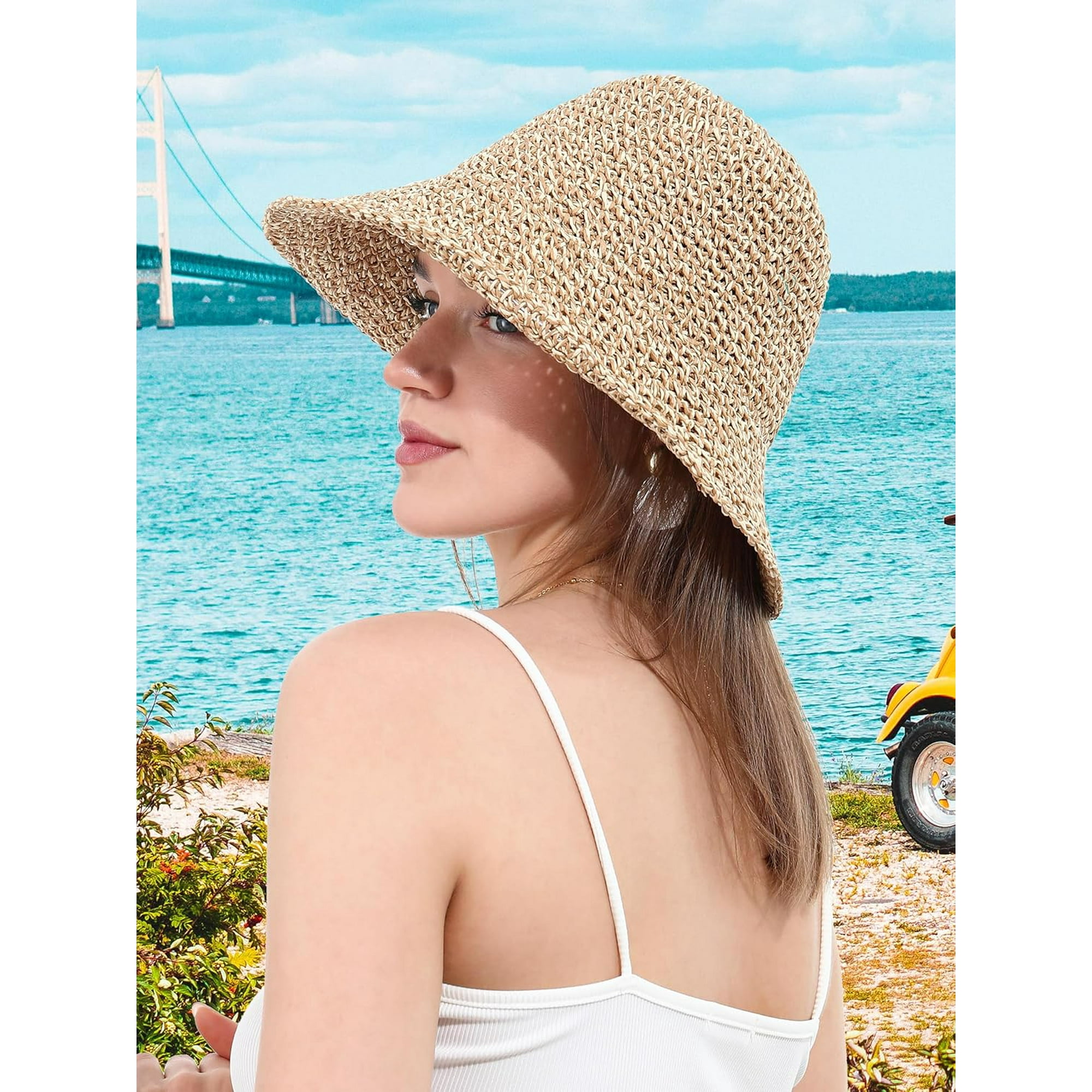 Handmade Crochet Straw Bucket Hat UPF 50+ Foldable Travel Sun Hat Floppy Straw Sun Hat for Womens Foldable Packable Wide Brim  main image 4