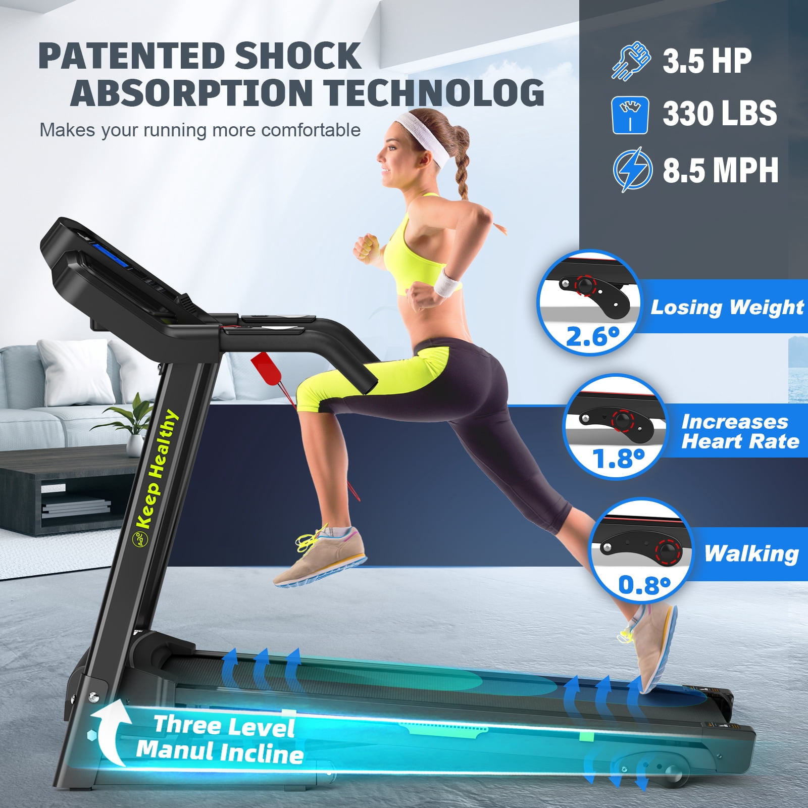 FYC Folding Treadmill for Home with Incline / Bluetooth, 3.5HP 330lb Weight Capacity Portable Electric Treadmill for Home Gym Exercise Running Walking Easy Assembly Green
