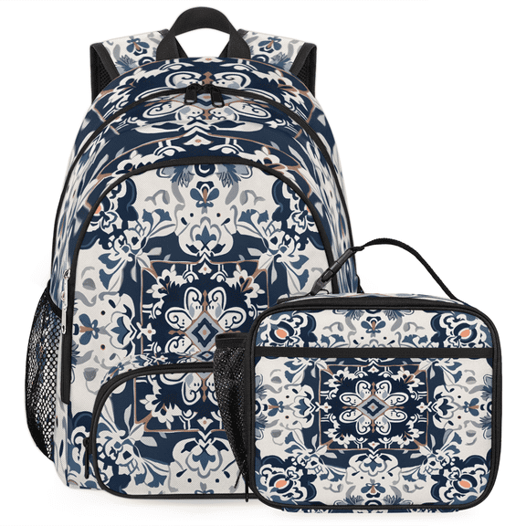 Herdesigns Boho Bohemian Backpack with Lunch Box Vintage Floral Lightweight Large Travel Work Laptop Backpacks Set Casual Daypacks