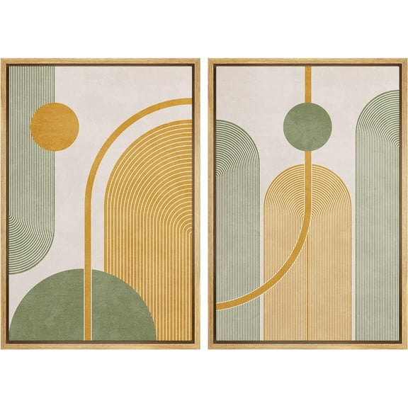 IDEA4WALL Framed Canvas Print Wall Art Set Yellow Green Polygons Abstract Shapes Boho Art Gometric Illustration Modern Decor Digital Art Bohemian Chic Artwork for Home Decor - Natural 24"x36"x2