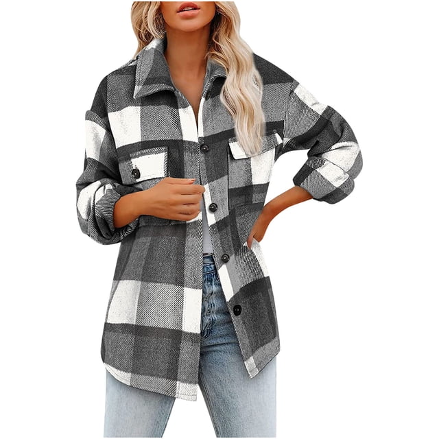jsaierl Women's Flannel Plaid Jacket Long Sleeve Button Down Chest Pockets Shirts Coats Fall Winter Woolen Shacket