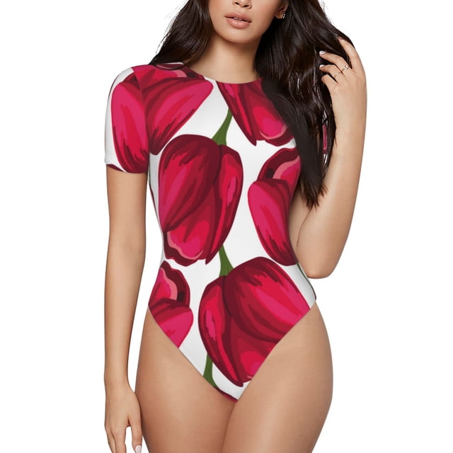 Saiise Motif Fleurs de Tulipes Grenouillère à Manches Courtes pour Femmes Col Rond Pyjama Justaucorps Extensible avec Fermeture à Pression-Moyen