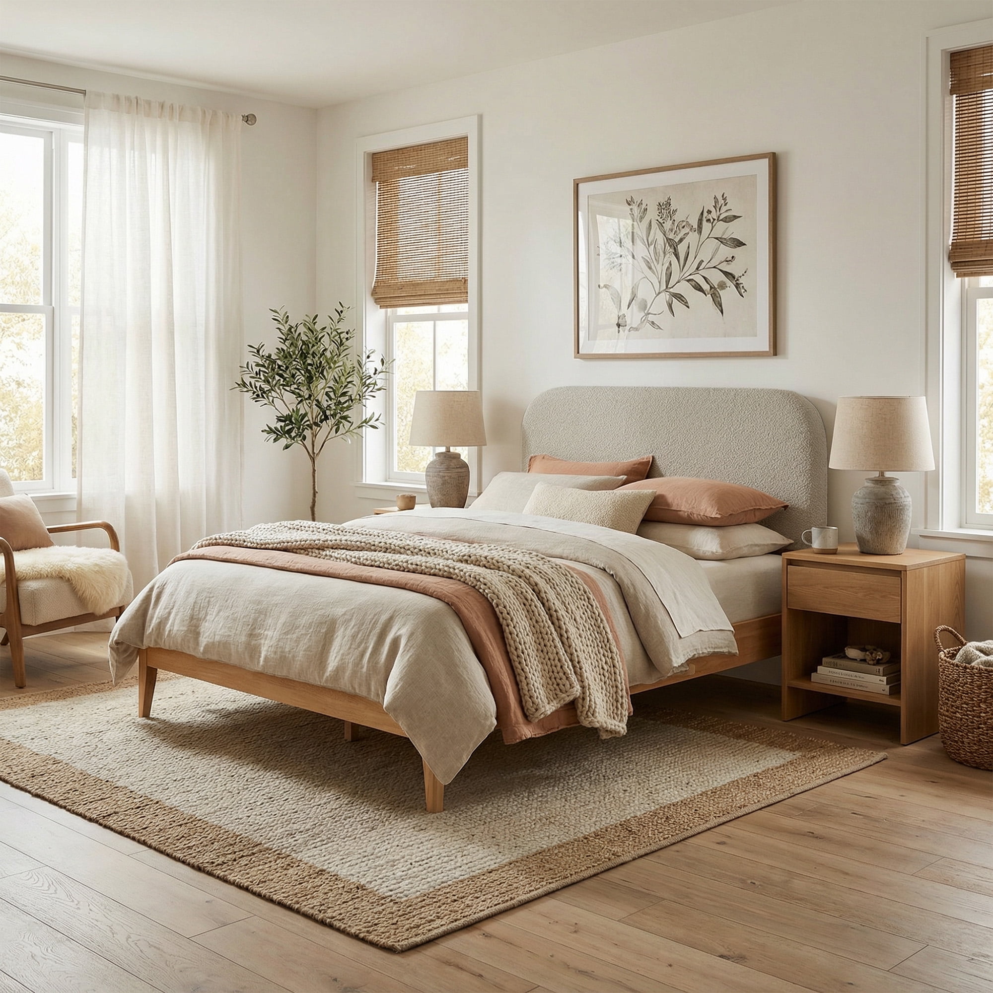 Spruce & Spring Modern King Bed Frame with Bouclé Headboard and Charging Ports, Oatmeal
