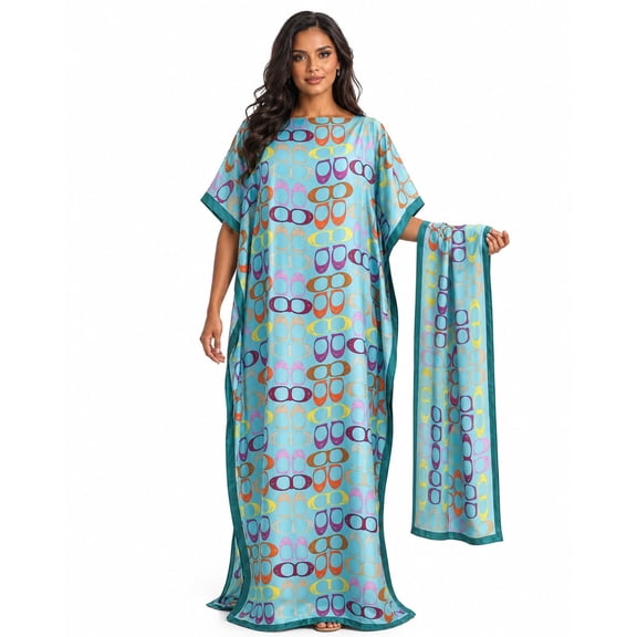 OYPGUE Women's Elegant Chic Geometric Print Robe Set Plus Size Satin Silk