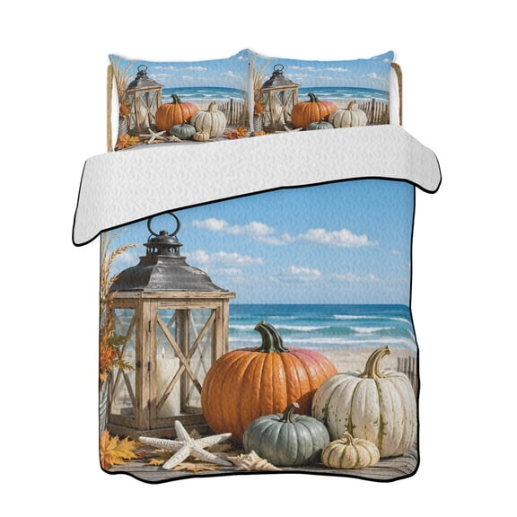 Quilt King Size Bedding Set, Fall Coastal Pumpkins Reversible Summer Quilt 3 Pieces, Thanksgiving Ocean Beach Waves Leaf Lightweight Bedspreads Coverlets with 2 Pillow Shams for All Seasons