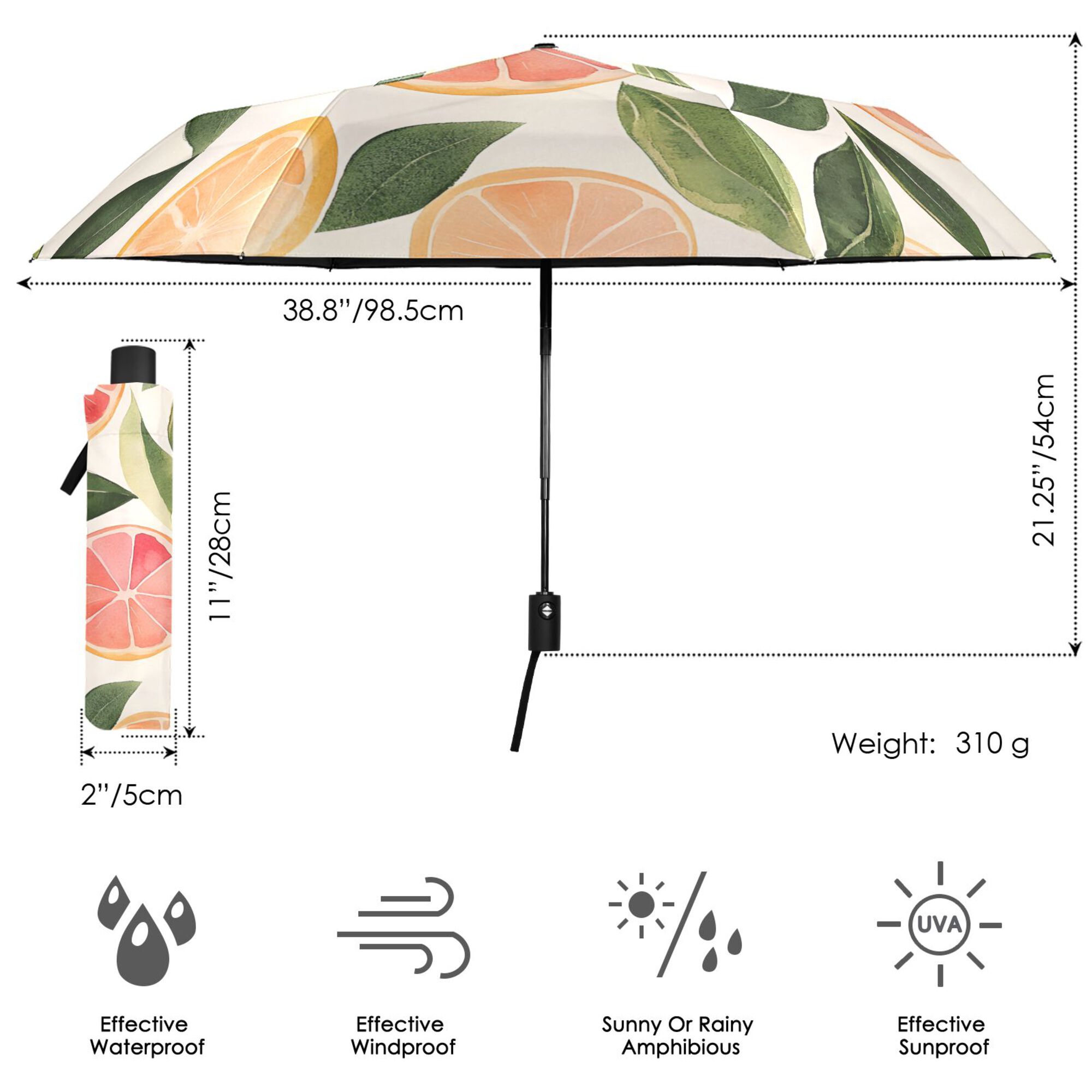 FORMRS Travel Umbrella Folding Auto Open Close Windproof Rain UV Protection, Watercolor Grapefruit