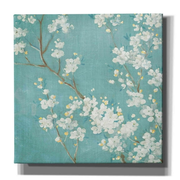 Epic Graffiti 'White Cherry Blossom II on Blue' by Danhui Nai, Canvas Wall Art, 37"x37"
