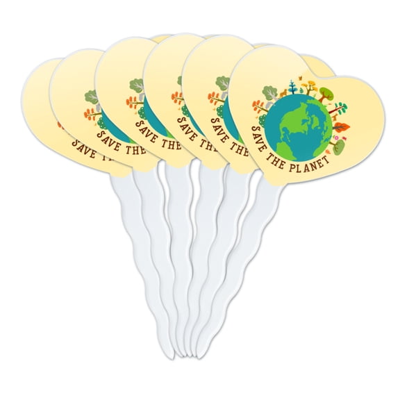 Save The Planet Illustration Conservation Heart Love Cupcake Picks Toppers Decoration Set of 6