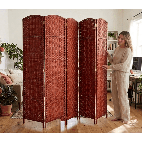Legacy Decor Traditional Room Divider Diamond Weave Fiber 5 Panel 71 in Tall Honey Color Freestanding