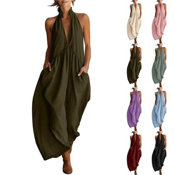 Smsaxvxz Women's Cotton Linen Strap Dresses Fashion Halter Neck Pocket Backless Long Dress Casual Solid Loose Beach Sundress Army Green S
