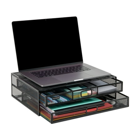 Mind Reader - Monitor Stand, Ventilated Laptop Riser, Storage Drawer, Office, Metal Mesh, 15.75"L x 11.75"W x 4.5"H - Black