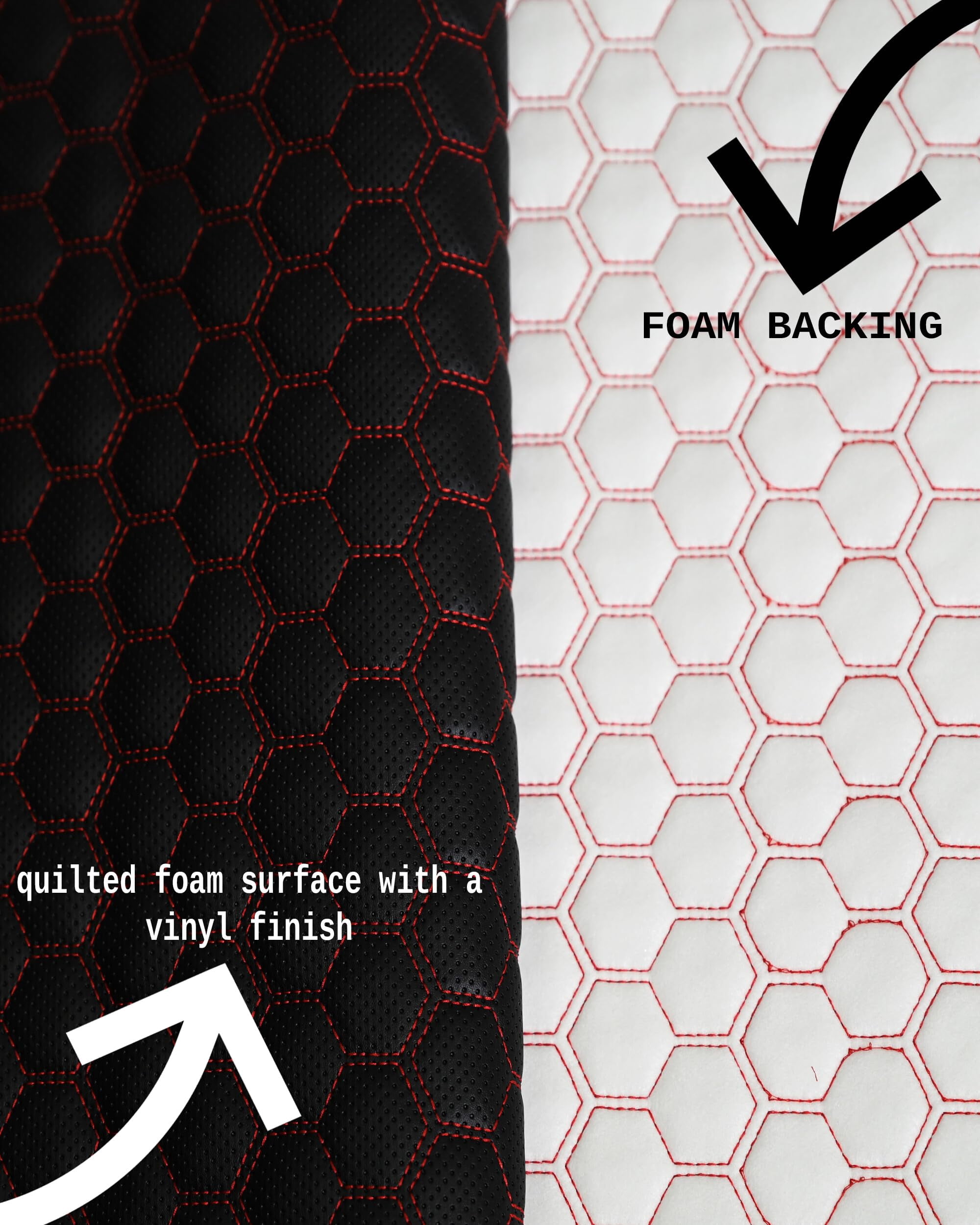 Quilted Vinyl Padded Upholstery Fabric w 3/8" Foam Backing Perforated 1" Honeycomb /58" Wide /Continuous Yard/ seat reupholstering, office chairs, table covers, backdrops, bags (Black, Red Stitch)