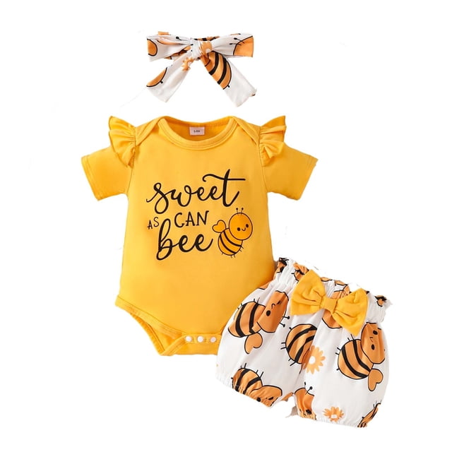 Ketyyh-chn99 Baby Girl Baseball Outfit Baby Girl Summer Clothes Outfit Ruffle Ribbed Romper Tops Floral Shorts Set + Headband Size for 6-9 Months,Gold