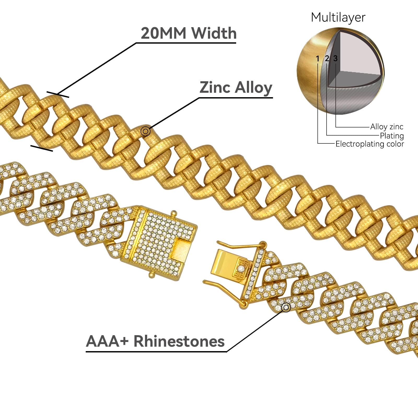Mens Cuban Link Chain, 20MM Cuban Chain Zinc Alloy AAA+ Rhinestone Necklace for Men Hip Hop Chains