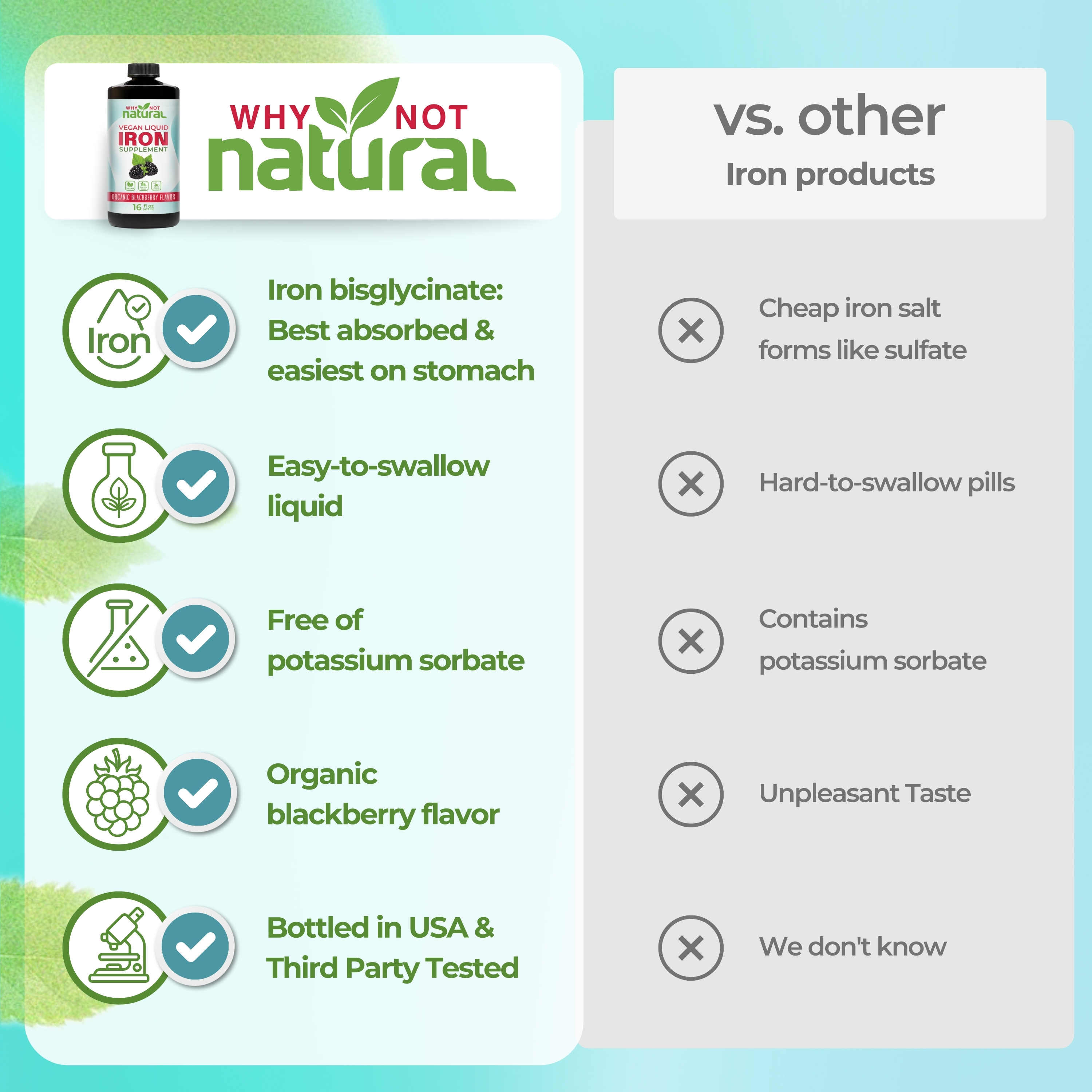Why Not Natural Liquid Iron Supplement for Women Men and Kids, Vegan Formulation for Anemia