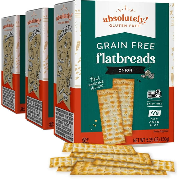 Absolutely Gluten Free Toasted Onion Flatbread 5.29oz 3 Pack  Grain Free Crackers  Dairy Free  No Soy, Corn or Rice