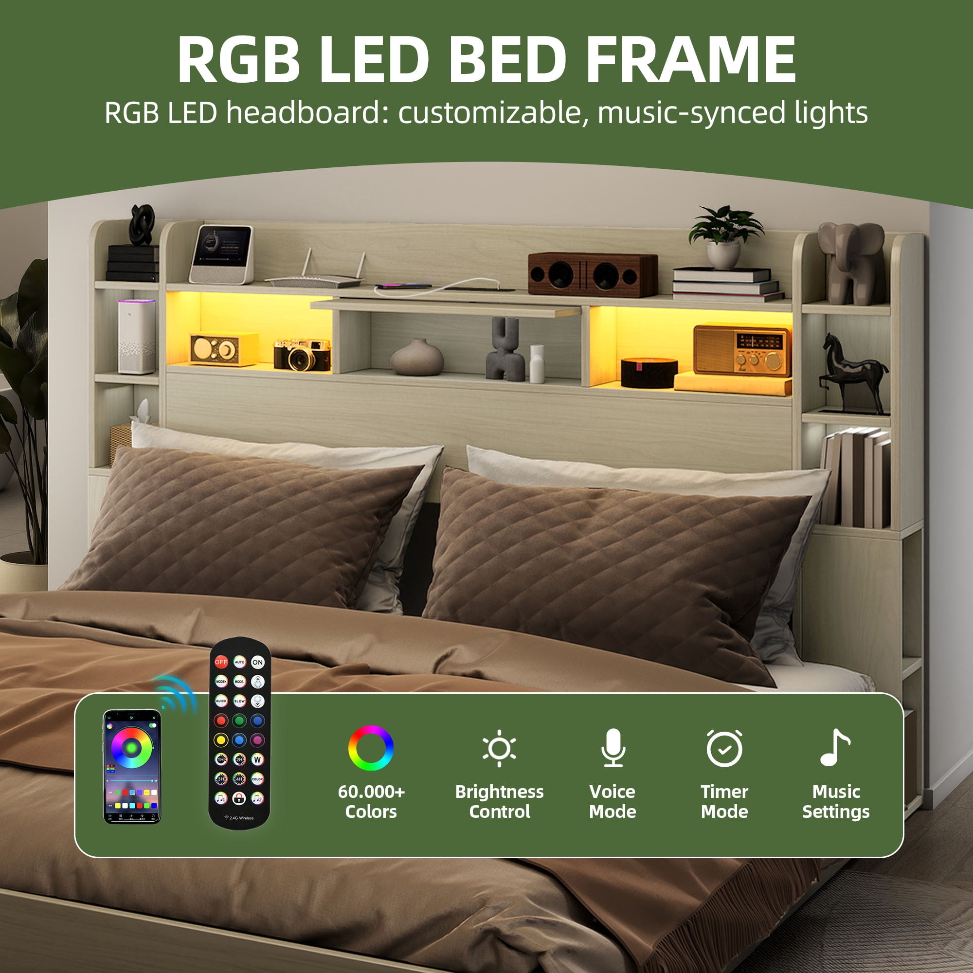 Uforic King Size Bed Frame with LED Lights & Bookshelf Headboard, Platform Bed Frame with Charging Station & Drawers, White