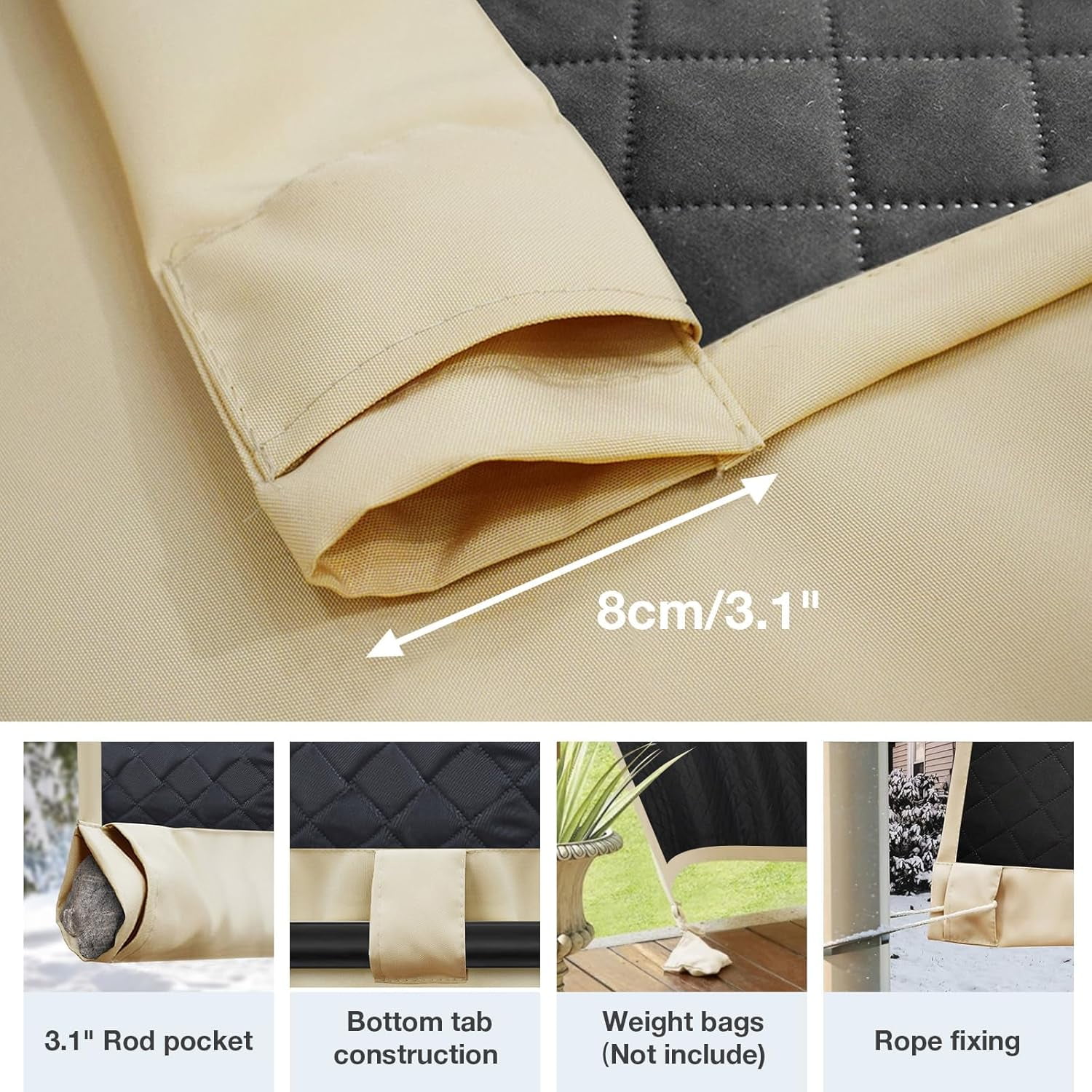 Qelus Thermal Insulated Outdoor Curtains for Winter, 52''x 96''Grommet Waterproof Quilted Blackout Curtains for Patio, Beige, 1 Panel