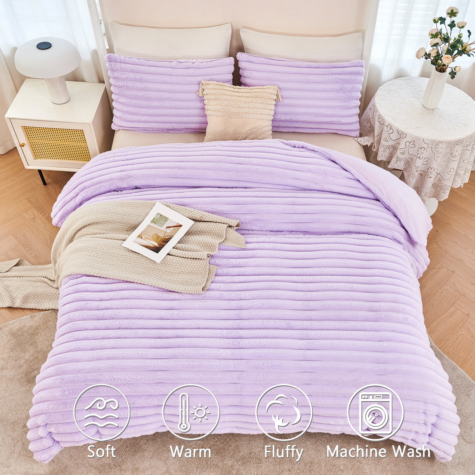 ZRNBAST Fleece Twin Comforter Set, Light Purple Super Soft Furry Plush Bedding, Luxury Fluffy Fuzzy Heavy Bed Set for Winter with 2 Pillowcases(Light Purple,Twin)