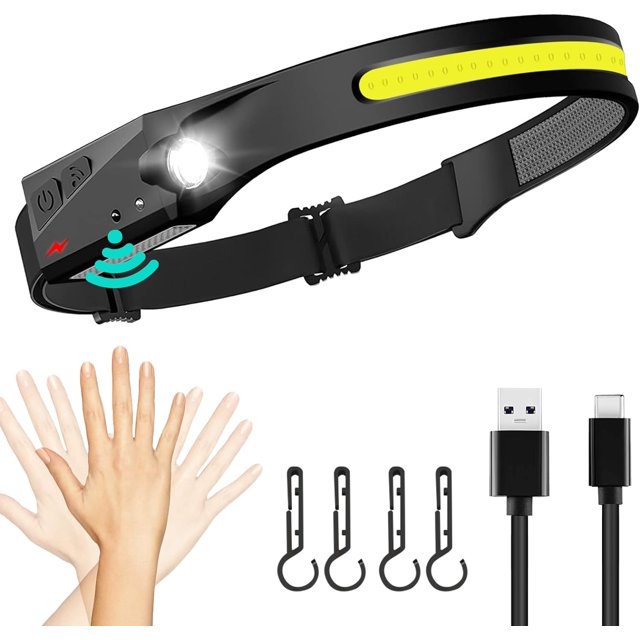 Faro de haz ancho de 230 ° con sensor de movimiento, linterna de cabeza liviana impermeable para acampar, caminar, correr, al aire libre para adultos y niños, faro LED recargable
