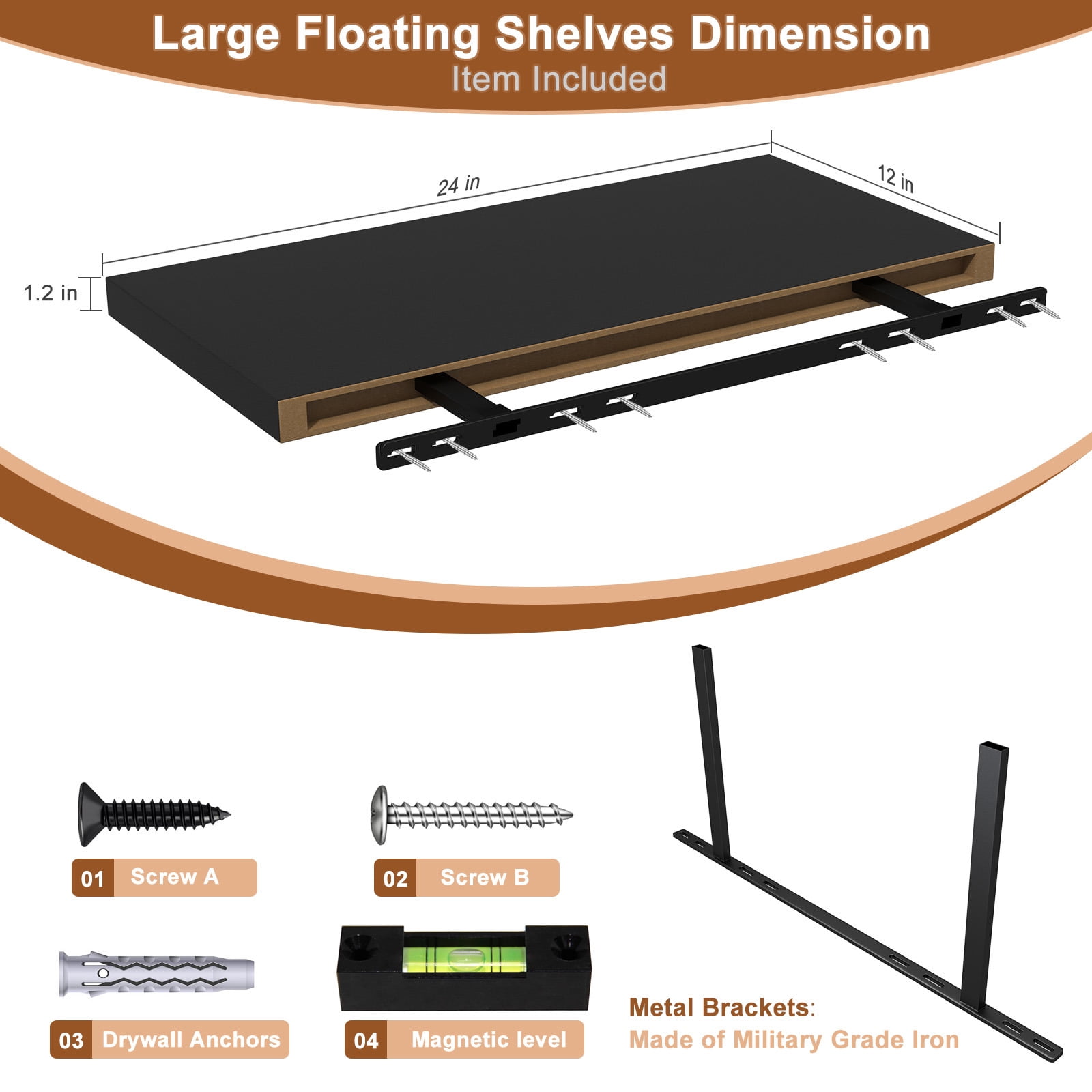 LANDMOK 12 Inch Deep Floating Shelf, 24 x12 Inch Large Wall Mounted Shelf for Kitchen, Bathroom, Living Room, Black (1 Pack)