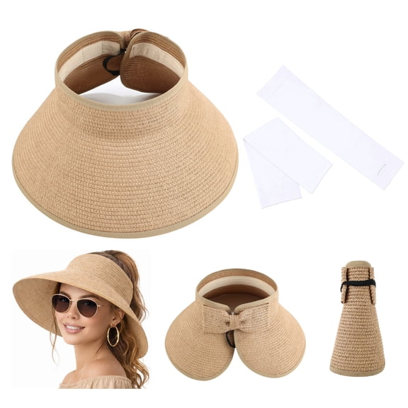 Sun Hats for Women Wide Brim Straw Beach Hat with Ponytail Opening, Packable UPF 50 Sun Visor, Includes 2 White Arm Sleeves