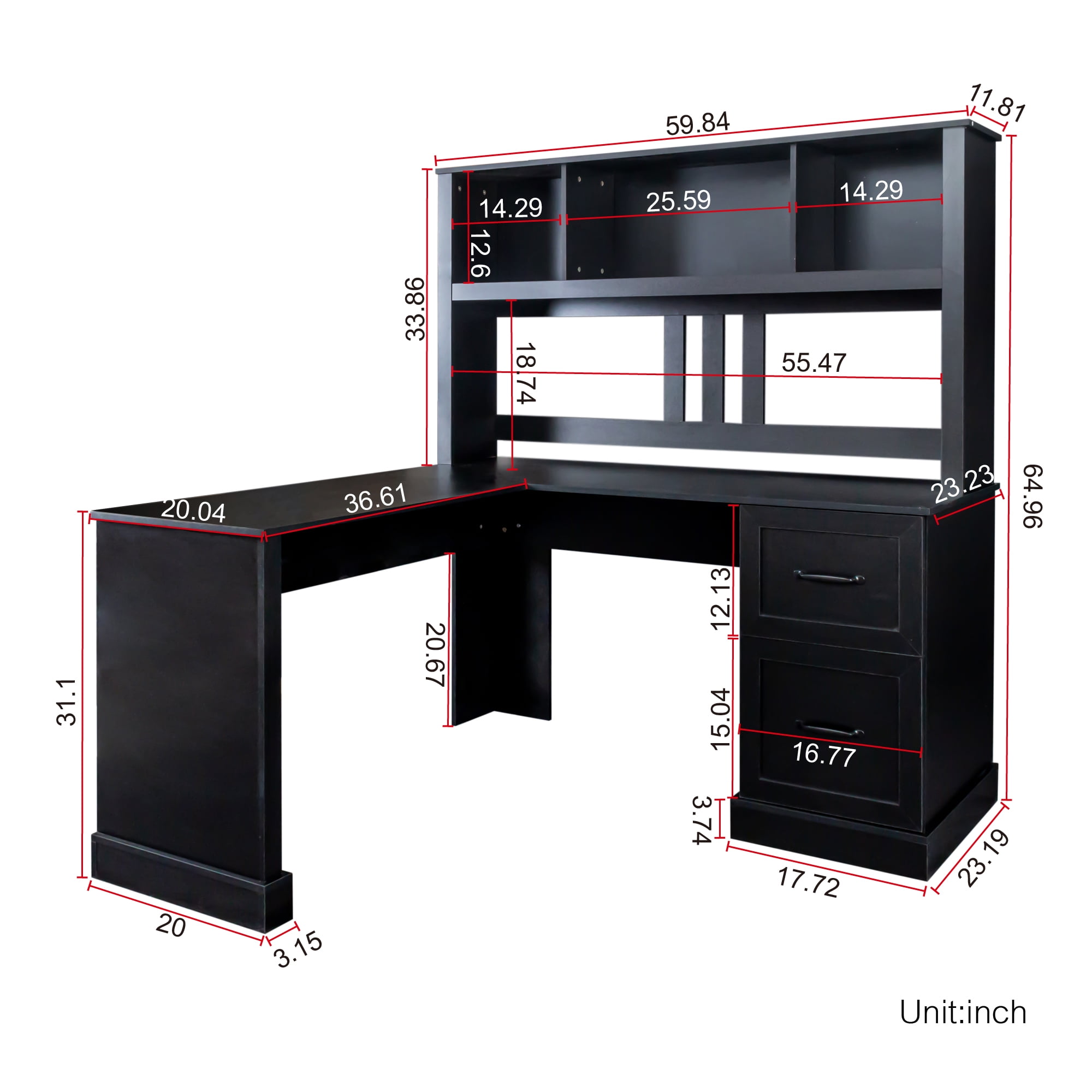 Lisonu L Shaped Computer Desk with Drawers Corner Desk Large Storage Gaming Desk Home Office Desks with Bookshelf Easy to Assemble, Black
