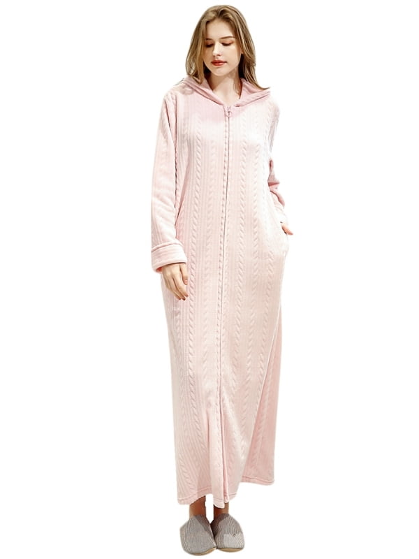 SHEMALL Women Men Flannel Sleepwear Couple Zipper Nightgown With Pocket