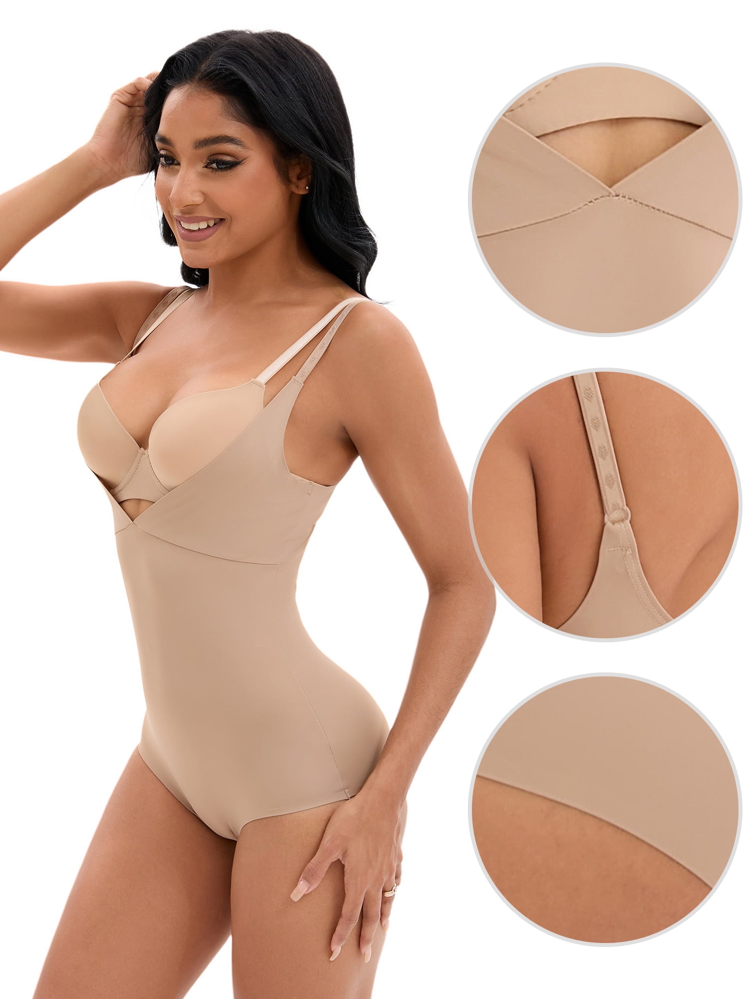 Unique Bargains Women's Tummy Control Cami Adjustable Straps Shapewear Bodysuits S Beige