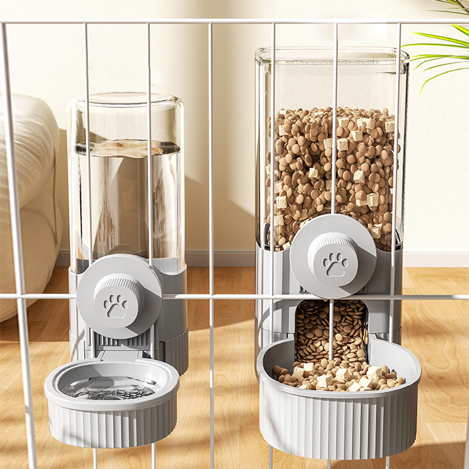 Grey Automatic Hanging Pet Feeder And Waterer Set For Cage Dry Food Dispenser For Dogs Cats Gray