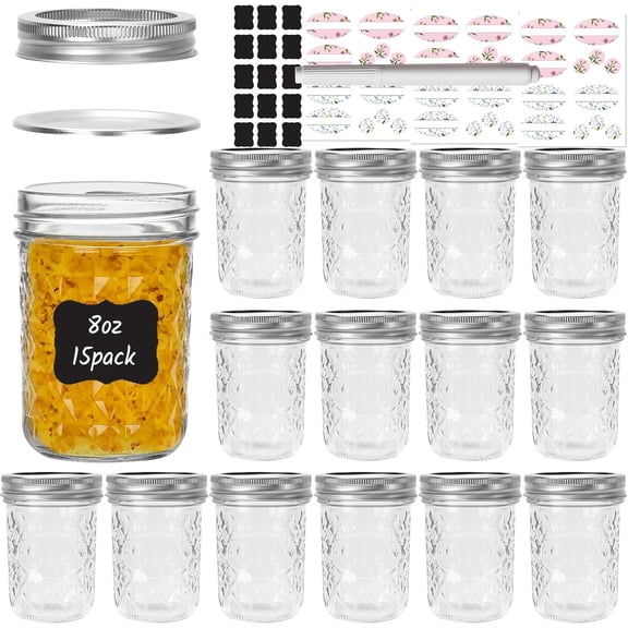 15 Pack 8 oz Wide Mouth Diamond Glass Mason Jars with Airtight Lids & Bands, 240ml Small Canning Jars for Preserving, Jam, Jelly, Fermenting, Salad & Wedding Favors